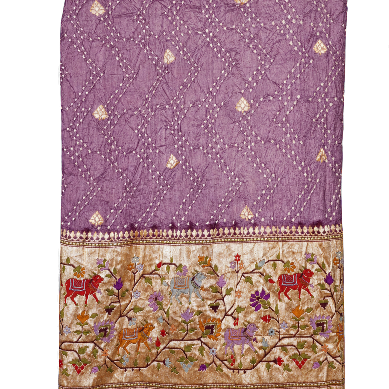 Bandhani Silk Lavender Saree with Florals and Leaves Jaal with Cows Border