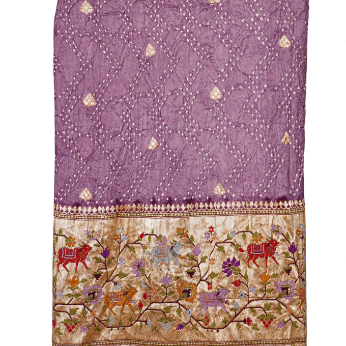 Bandhani Silk Lavender Saree with Florals and Leaves Jaal with Cows Border