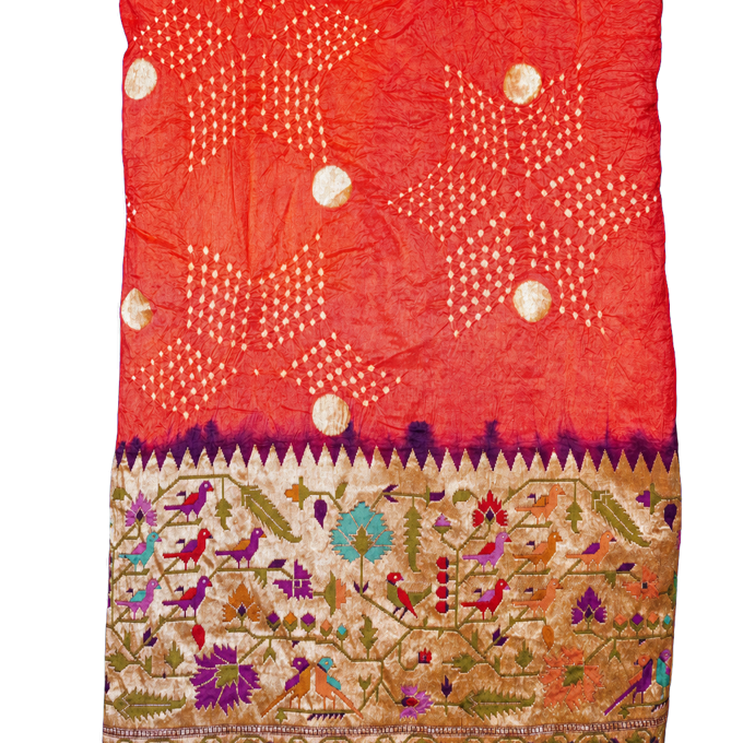 Bandhani Silk Orange Saree with Paithani Border