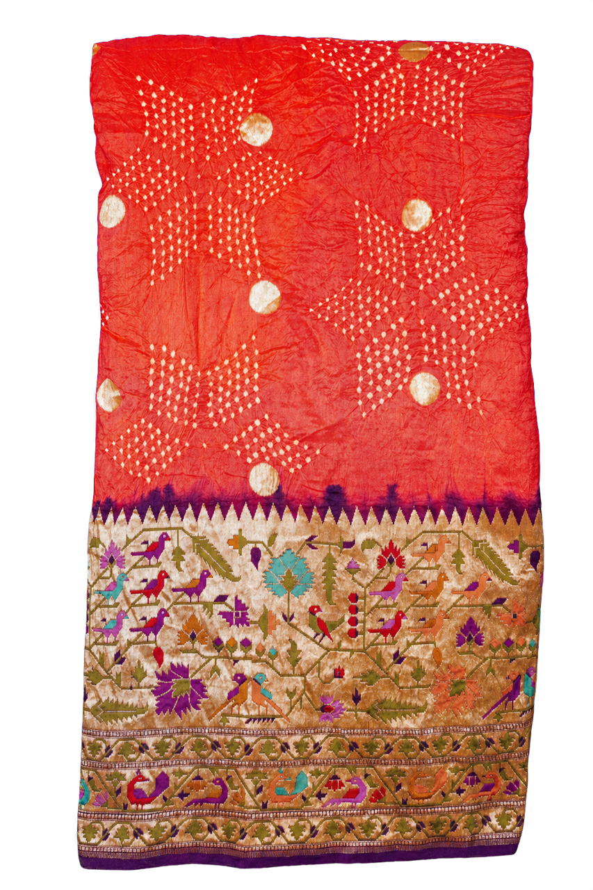 Bandhani Silk Orange Saree with Paithani Border