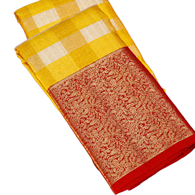 Kanchipuram Silk Multi Colour Checks Yellow Saree with Red Jaal Border