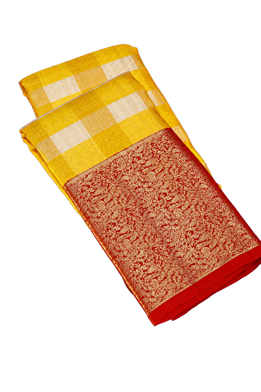 Kanchipuram Silk Multi Colour Checks Yellow Saree with Red Jaal Border