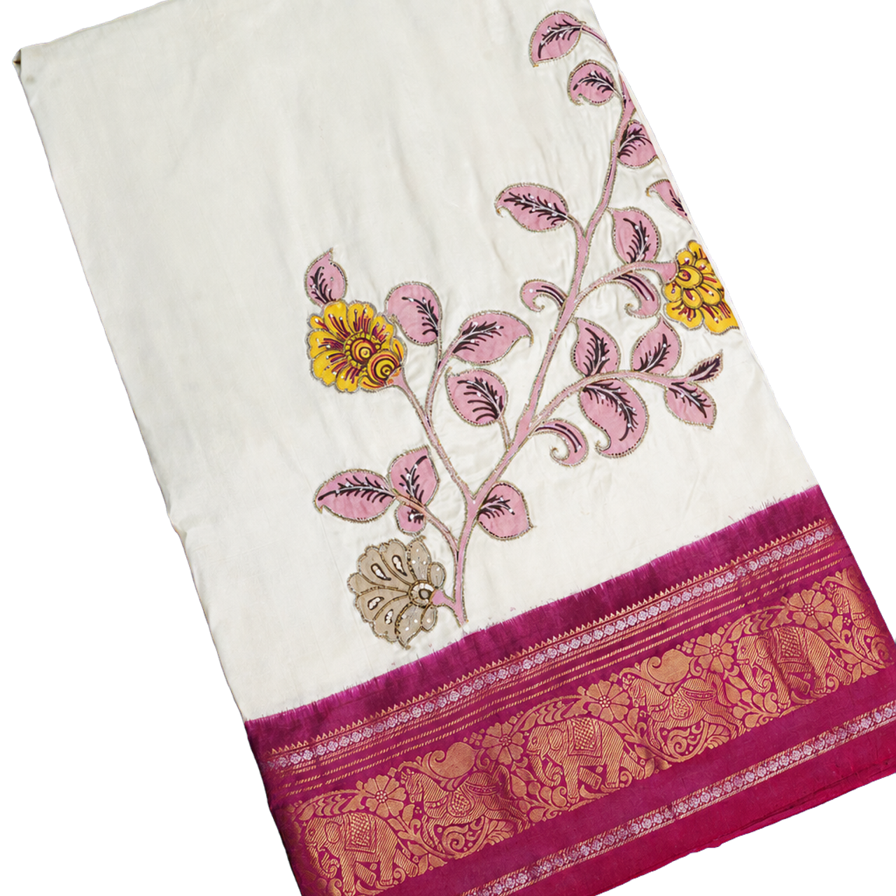 Fusion Silk Off White Saree with Elephants and Horses Border