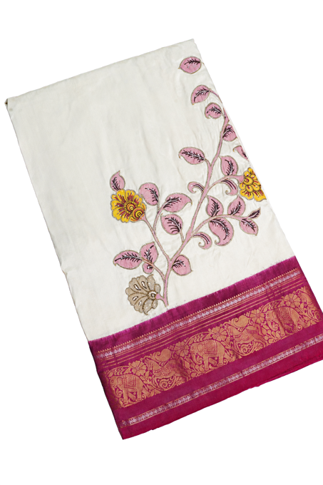 Fusion Silk Off White Saree with Elephants and Horses Border