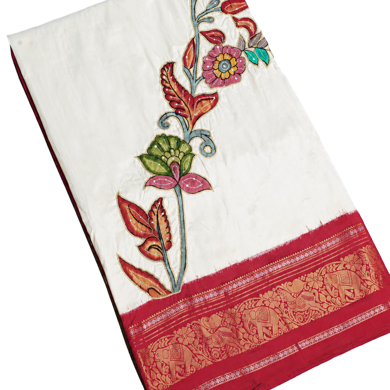 Fusion Silk Off White Saree with Florals in Thread Work Body