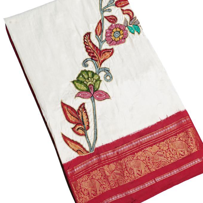 Fusion Silk Off White Saree with Florals in Thread Work Body