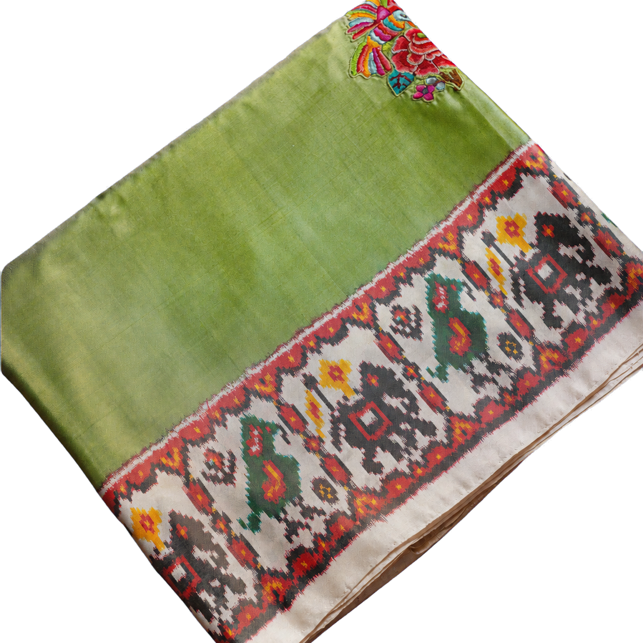 Fusion Patola Silk Parrot Green Saree with Petit Point Work in Body