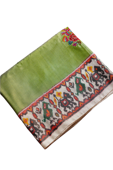 Fusion Patola Silk Parrot Green Saree with Petit Point Work in Body