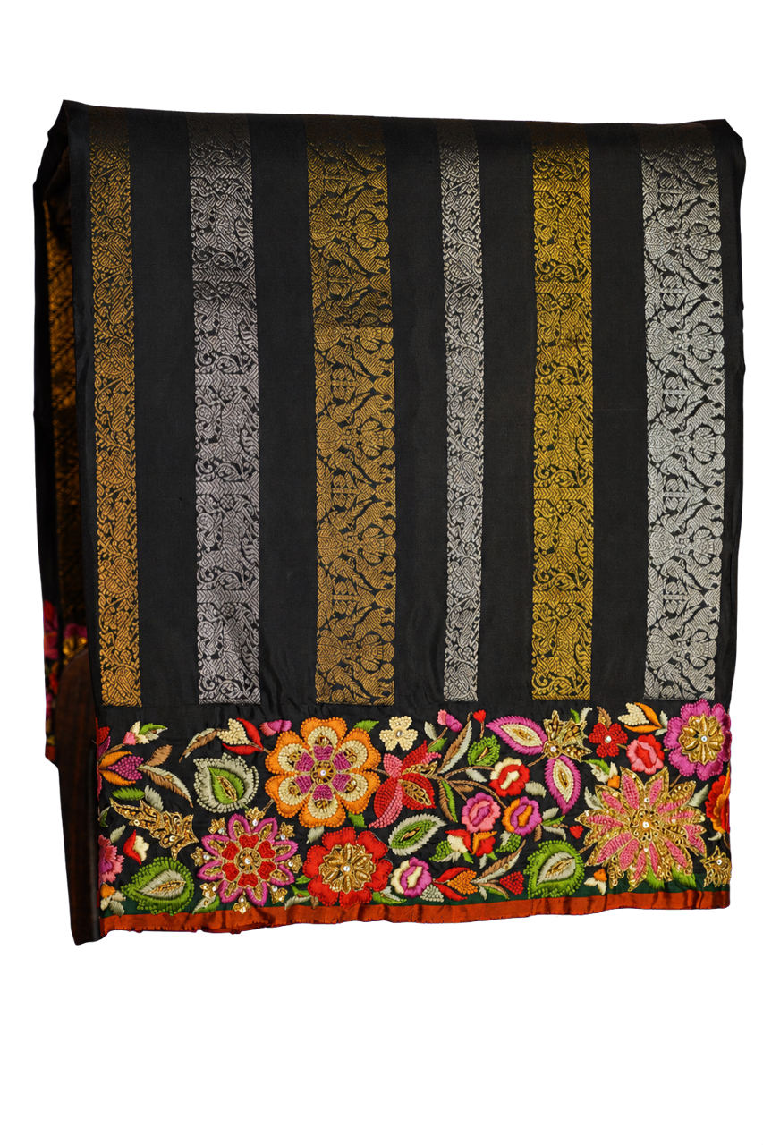 Fusion Kanchipuram Silk Black Saree with Silk Thread Work Border
