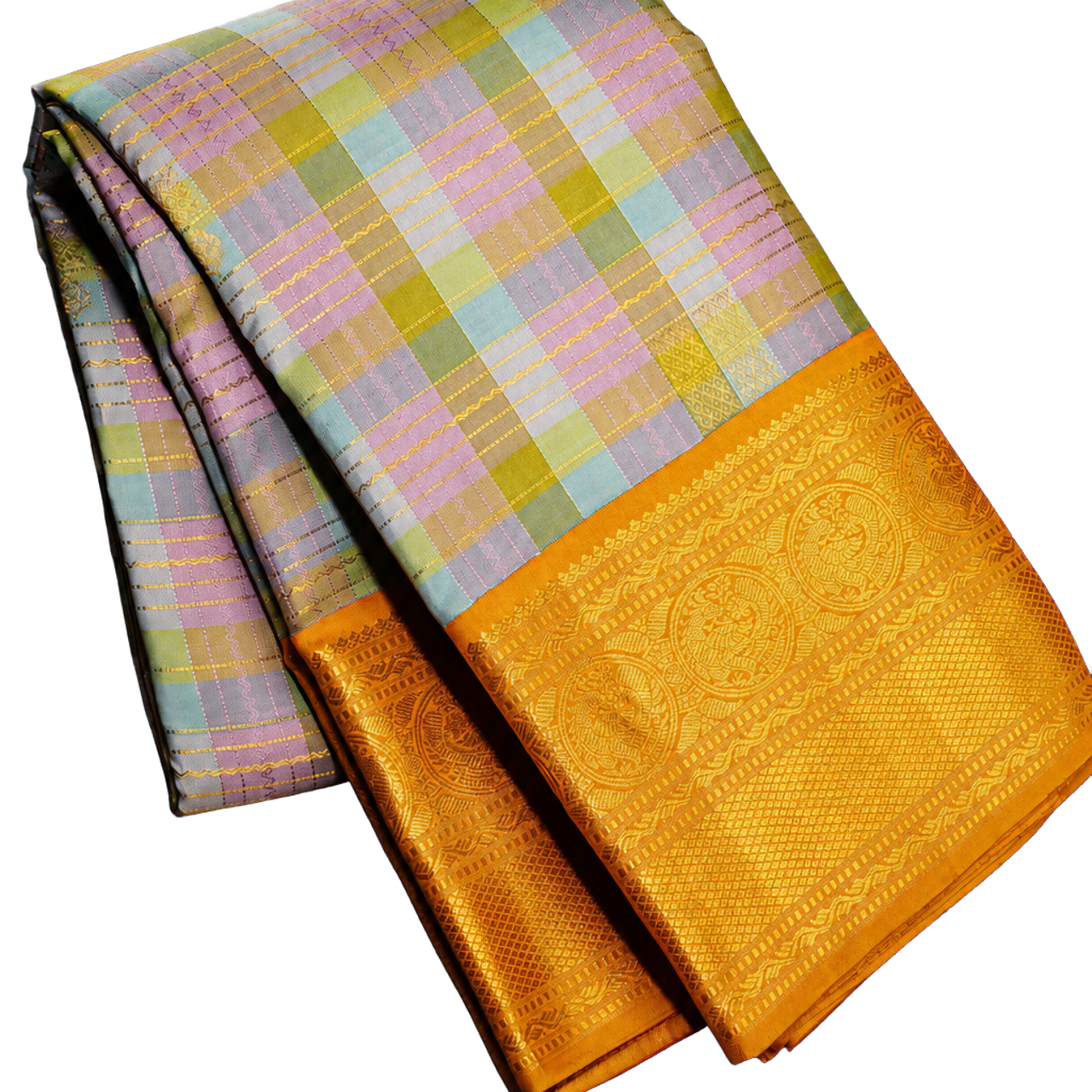 Kanchipuram Silk Multi Colour Saree with Contrast Border & Rich Zari Weaving